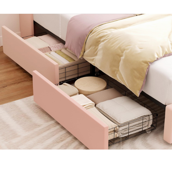 Pink velvet twin bed with LED-lit tufted headboard, crystal buttons, USB charging ports, and underbed storage drawers