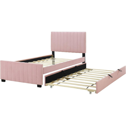 Pink twin upholstered platform bed with tufted velvet headboard and pull-out trundle, designed for kids, teens, or guest rooms, featuring a soft pink finish and space-saving design.

