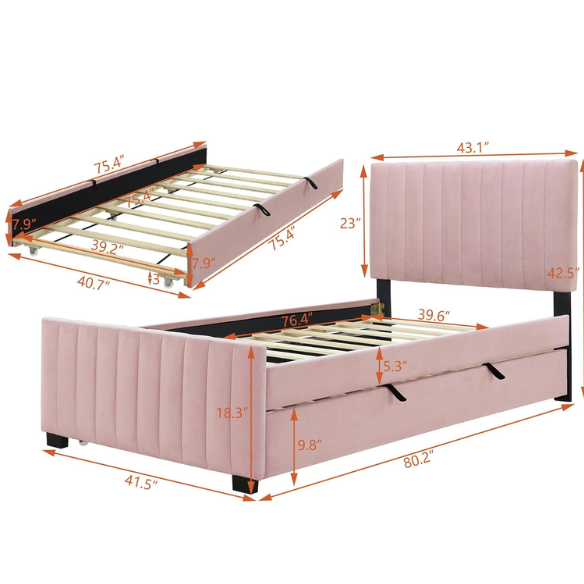 Pink twin upholstered platform bed with tufted velvet headboard and pull-out trundle, designed for kids, teens, or guest rooms, featuring a soft pink finish and space-saving design.

