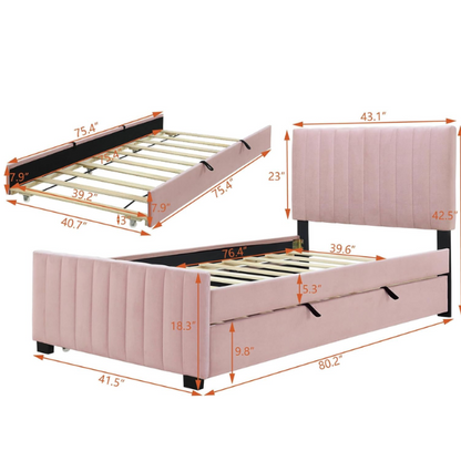 Pink twin upholstered platform bed with tufted velvet headboard and pull-out trundle, designed for kids, teens, or guest rooms, featuring a soft pink finish and space-saving design.

