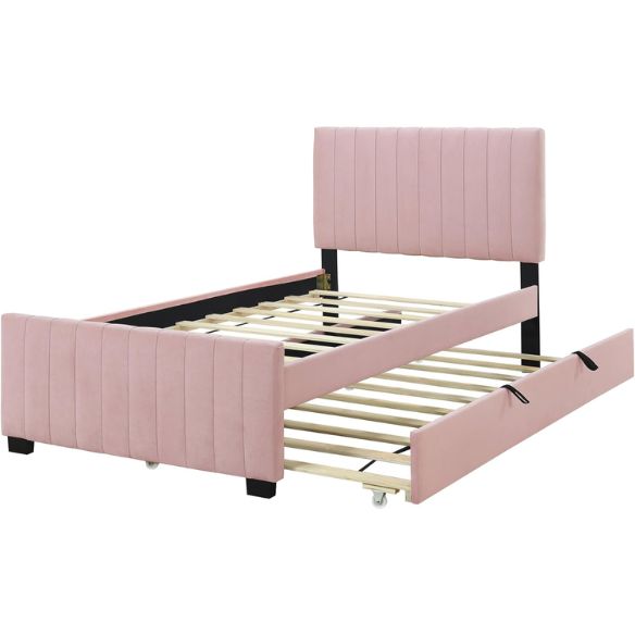 Pink twin upholstered platform bed with tufted velvet headboard and pull-out trundle, designed for kids, teens, or guest rooms, featuring a soft pink finish and space-saving design.

