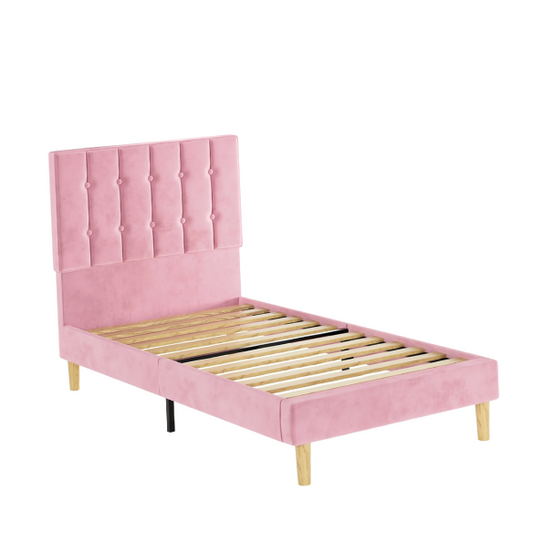 Pink twin bed frame with tufted velvet headboard, metal and wood base, and 7.9-inch under-bed storage clearance.