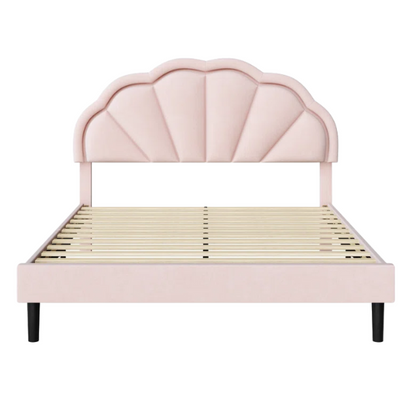 Full-size pink velvet platform bed with LED flower-shaped headboard and adjustable height