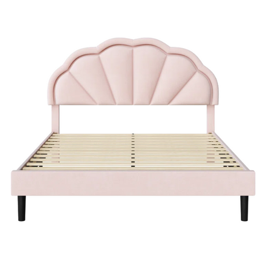 Full-size pink velvet platform bed with LED flower-shaped headboard and adjustable height