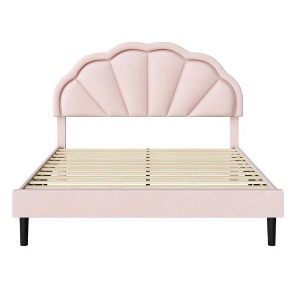 Full-size pink velvet platform bed with LED flower-shaped headboard and adjustable height