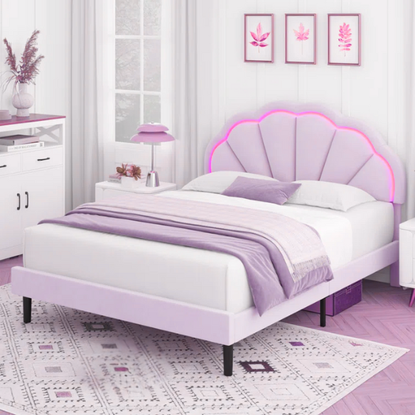 Full-size pink velvet platform bed with LED flower-shaped headboard and adjustable height