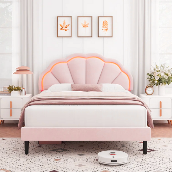 Full-size pink velvet platform bed with LED flower-shaped headboard and adjustable height