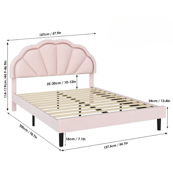 Full-size pink velvet platform bed with LED flower-shaped headboard and adjustable height
