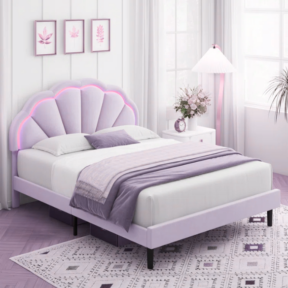 Full-size pink velvet platform bed with LED flower-shaped headboard and adjustable height