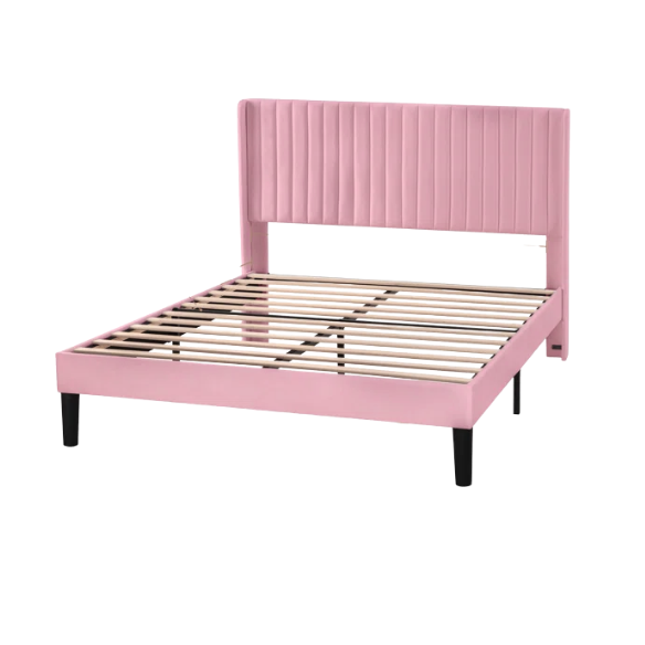 Pink full-size velvet upholstered platform bed with tufted wingback headboard and wood slats