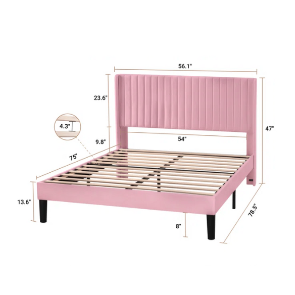 Pink full-size velvet upholstered platform bed with tufted wingback headboard and wood slats