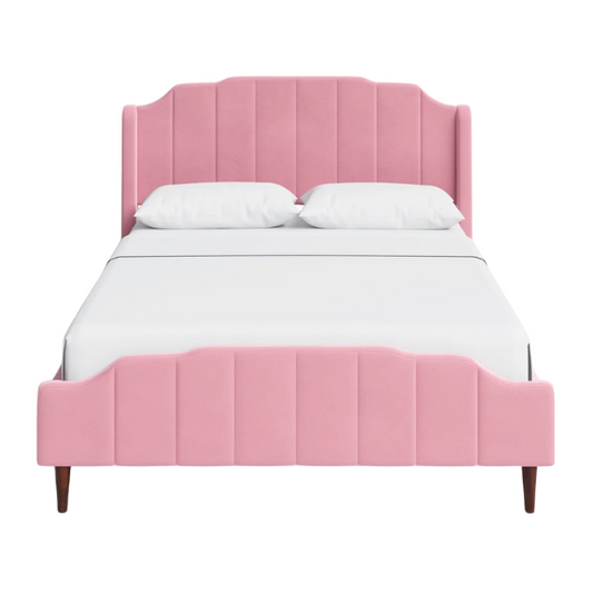Pink velvet queen platform bed with vertical channel tufted headboard, solid wood frame, and tapered legs – no box spring required

