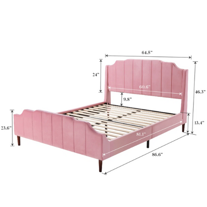 Pink velvet queen platform bed with vertical channel tufted headboard, solid wood frame, and tapered legs – no box spring required


