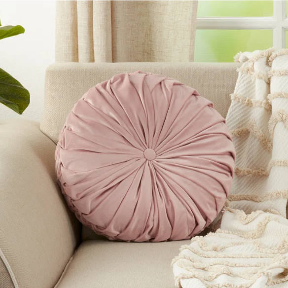 Pink Velvet Round Throw Pillow with Ribbed Edges and Button Detail – Decorative Cushion for Home, Sofa, and Bedroom