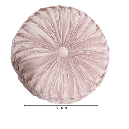 Pink Velvet Round Throw Pillow with Ribbed Edges and Button Detail – Decorative Cushion for Home, Sofa, and Bedroom