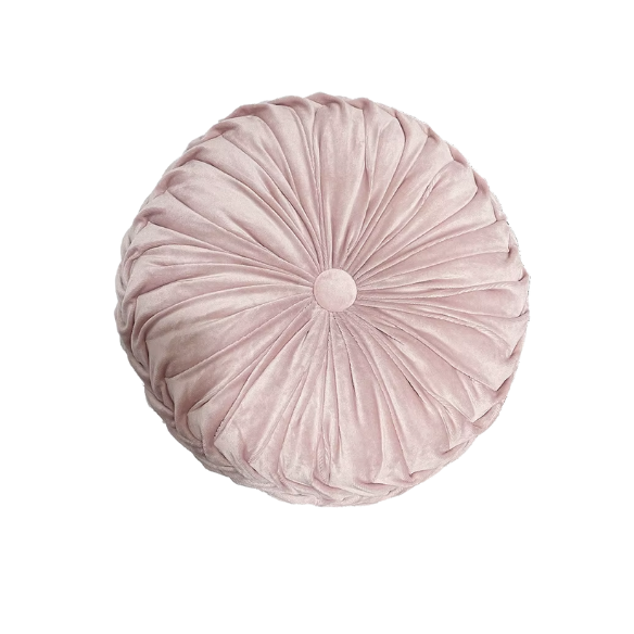 Pink Velvet Round Throw Pillow with Ribbed Edges and Button Detail – Decorative Cushion for Home, Sofa, and Bedroom