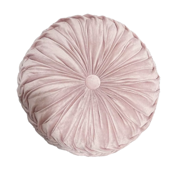 Pink Velvet Round Throw Pillow with Ribbed Edges and Button Detail – Decorative Cushion for Home, Sofa, and Bedroom