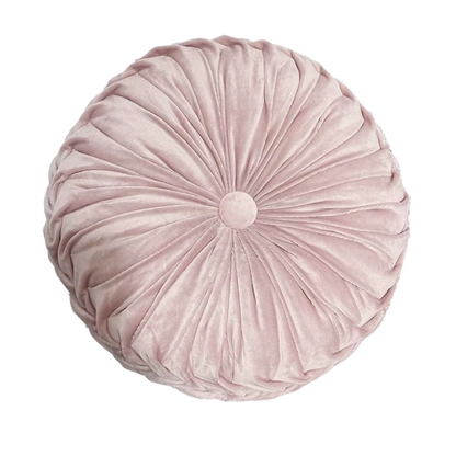 Pink Velvet Round Throw Pillow with Ribbed Edges and Button Detail – Decorative Cushion for Home, Sofa, and Bedroom