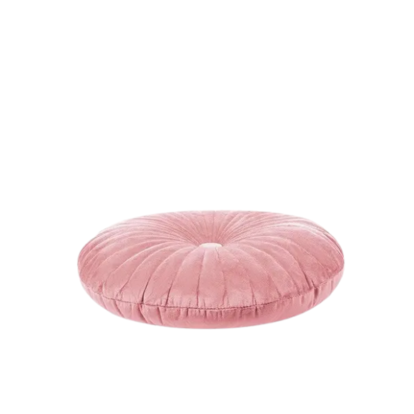Elegant pink velvet round throw pillow with button closure and pleated design, soft cotton fill for comfort, perfect for sofa, back support, and home décor.