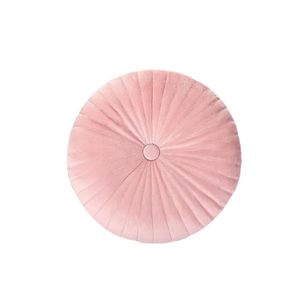 Elegant pink velvet round throw pillow with button closure and pleated design, soft cotton fill for comfort, perfect for sofa, back support, and home décor.