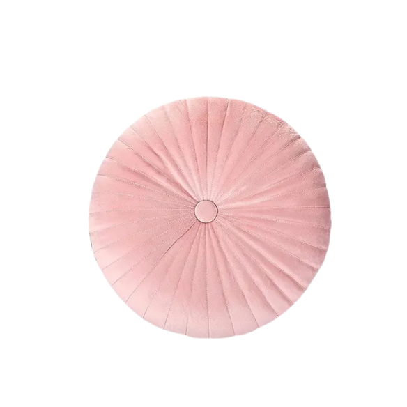 Elegant pink velvet round throw pillow with button closure and pleated design, soft cotton fill for comfort, perfect for sofa, back support, and home décor.