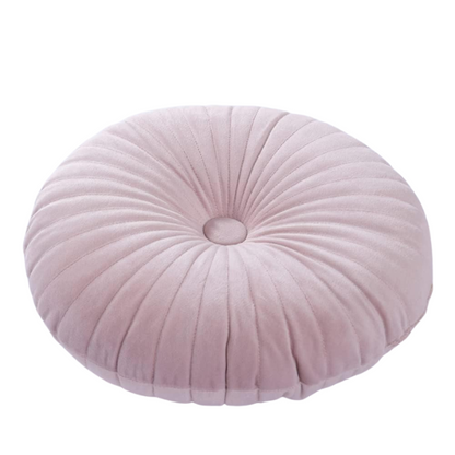 Elegant pink velvet round throw pillow with button closure and pleated design, soft cotton fill for comfort, perfect for sofa, back support, and home décor.