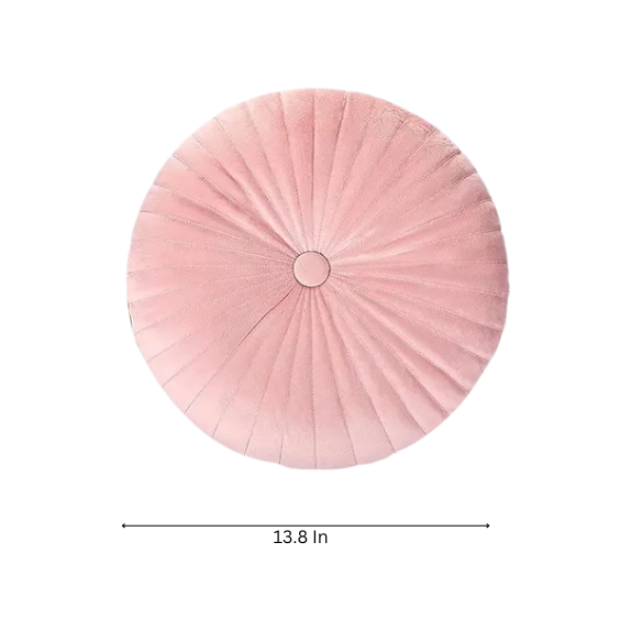 Elegant pink velvet round throw pillow with button closure and pleated design, soft cotton fill for comfort, perfect for sofa, back support, and home décor.