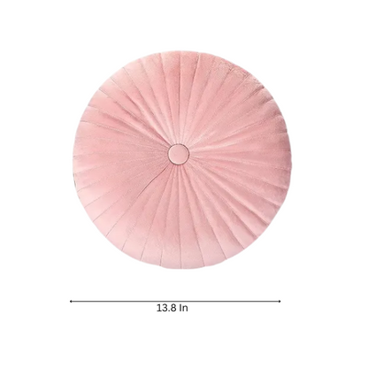 Elegant pink velvet round throw pillow with button closure and pleated design, soft cotton fill for comfort, perfect for sofa, back support, and home décor.