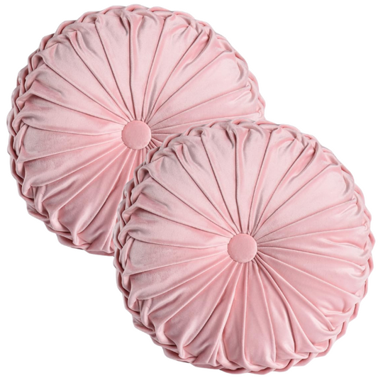 Set of 2 pink pleated velvet round throw pillows with button tufted center – 14.5 inch pumpkin-style decorative cushions for sofa, bed, or reading nook