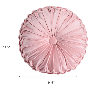 Set of 2 pink pleated velvet round throw pillows with button tufted center – 14.5 inch pumpkin-style decorative cushions for sofa, bed, or reading nook


