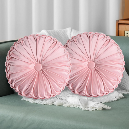 Set of 2 pink pleated velvet round throw pillows with button tufted center – 14.5 inch pumpkin-style decorative cushions for sofa, bed, or reading nook

