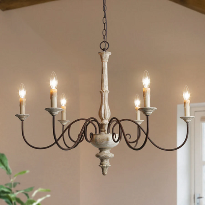 37-inch cream farmhouse chandelier with distressed wood and iron, featuring six candle-style lights in a French country design

