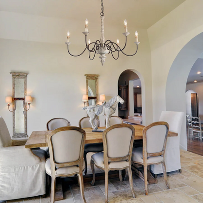 37-inch cream farmhouse chandelier with distressed wood and iron, featuring six candle-style lights in a French country design

