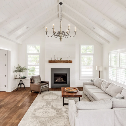 37-inch cream farmhouse chandelier with distressed wood and iron, featuring six candle-style lights in a French country design

