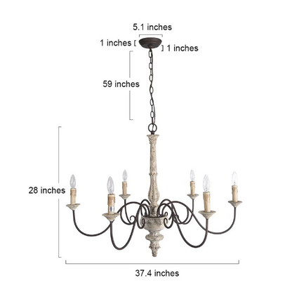 37-inch cream farmhouse chandelier with distressed wood and iron, featuring six candle-style lights in a French country design

