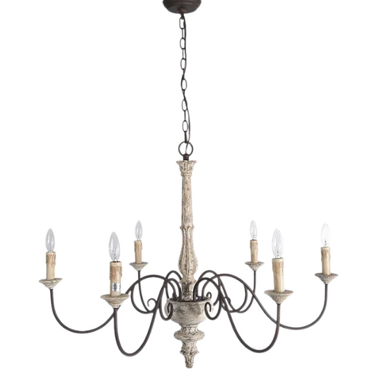 37-inch cream farmhouse chandelier with distressed wood and iron, featuring six candle-style lights in a French country design

