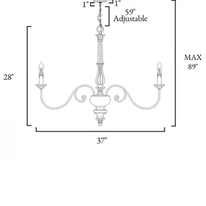 37-inch cream farmhouse chandelier with distressed wood and iron, featuring six candle-style lights in a French country design

