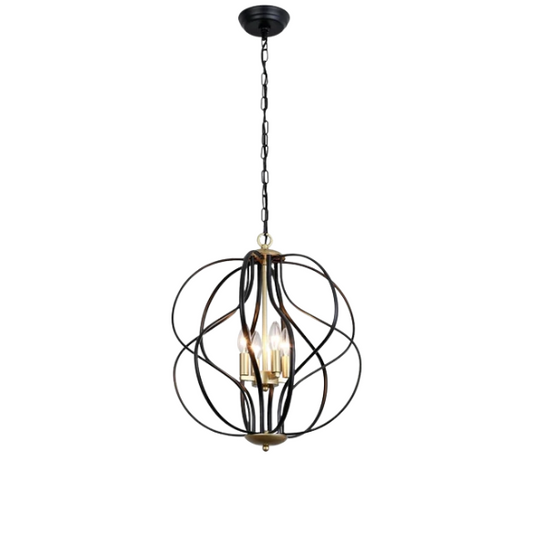 4-light geometric chandelier with matte black wrought iron frame and gold candelabra, vintage-inspired ceiling light for dining room or kitchen island