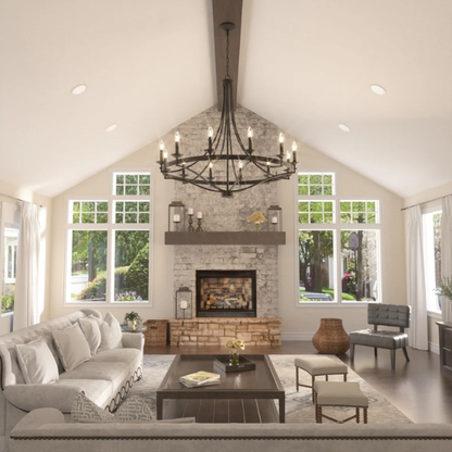 40-inch aged zinc wagon wheel chandelier with 12 candle-style lights and adjustable chain, ideal for high ceilings and rustic or traditional interiors

