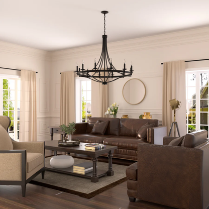 40-inch aged zinc wagon wheel chandelier with 12 candle-style lights and adjustable chain, ideal for high ceilings and rustic or traditional interiors

