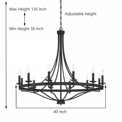 40-inch aged zinc wagon wheel chandelier with 12 candle-style lights and adjustable chain, ideal for high ceilings and rustic or traditional interiors

