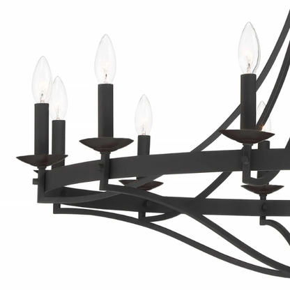 40-inch aged zinc wagon wheel chandelier with 12 candle-style lights and adjustable chain, ideal for high ceilings and rustic or traditional interiors

