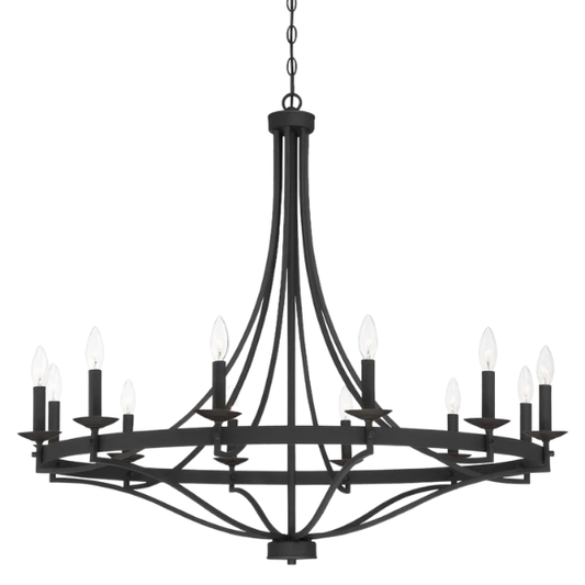 40-inch aged zinc wagon wheel chandelier with 12 candle-style lights and adjustable chain, ideal for high ceilings and rustic or traditional interiors

