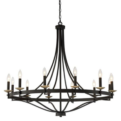 Large 40-inch wagon wheel chandelier with candle-style arms and adjustable chain, ideal for high ceilings and traditional or modern farmhouse interiors

