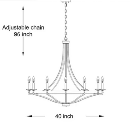 Large 40-inch wagon wheel chandelier with candle-style arms and adjustable chain, ideal for high ceilings and traditional or modern farmhouse interiors

