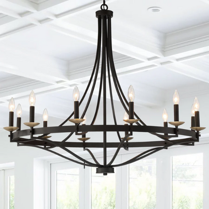 Large 40-inch wagon wheel chandelier with candle-style arms and adjustable chain, ideal for high ceilings and traditional or modern farmhouse interiors

