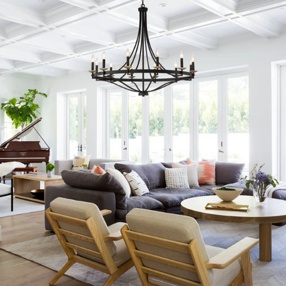 Large 40-inch wagon wheel chandelier with candle-style arms and adjustable chain, ideal for high ceilings and traditional or modern farmhouse interiors

