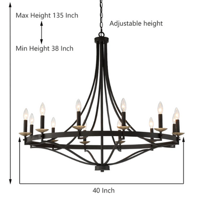 Large 40-inch wagon wheel chandelier with candle-style arms and adjustable chain, ideal for high ceilings and traditional or modern farmhouse interiors


