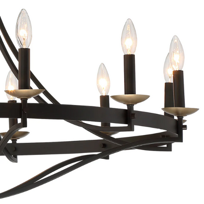 Large 40-inch wagon wheel chandelier with candle-style arms and adjustable chain, ideal for high ceilings and traditional or modern farmhouse interiors

