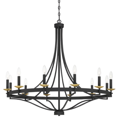 40-inch wagon wheel chandelier in aged zinc and satin brass finish with 12 candle-style lights, ideal for high ceilings in traditional or modern interiors

